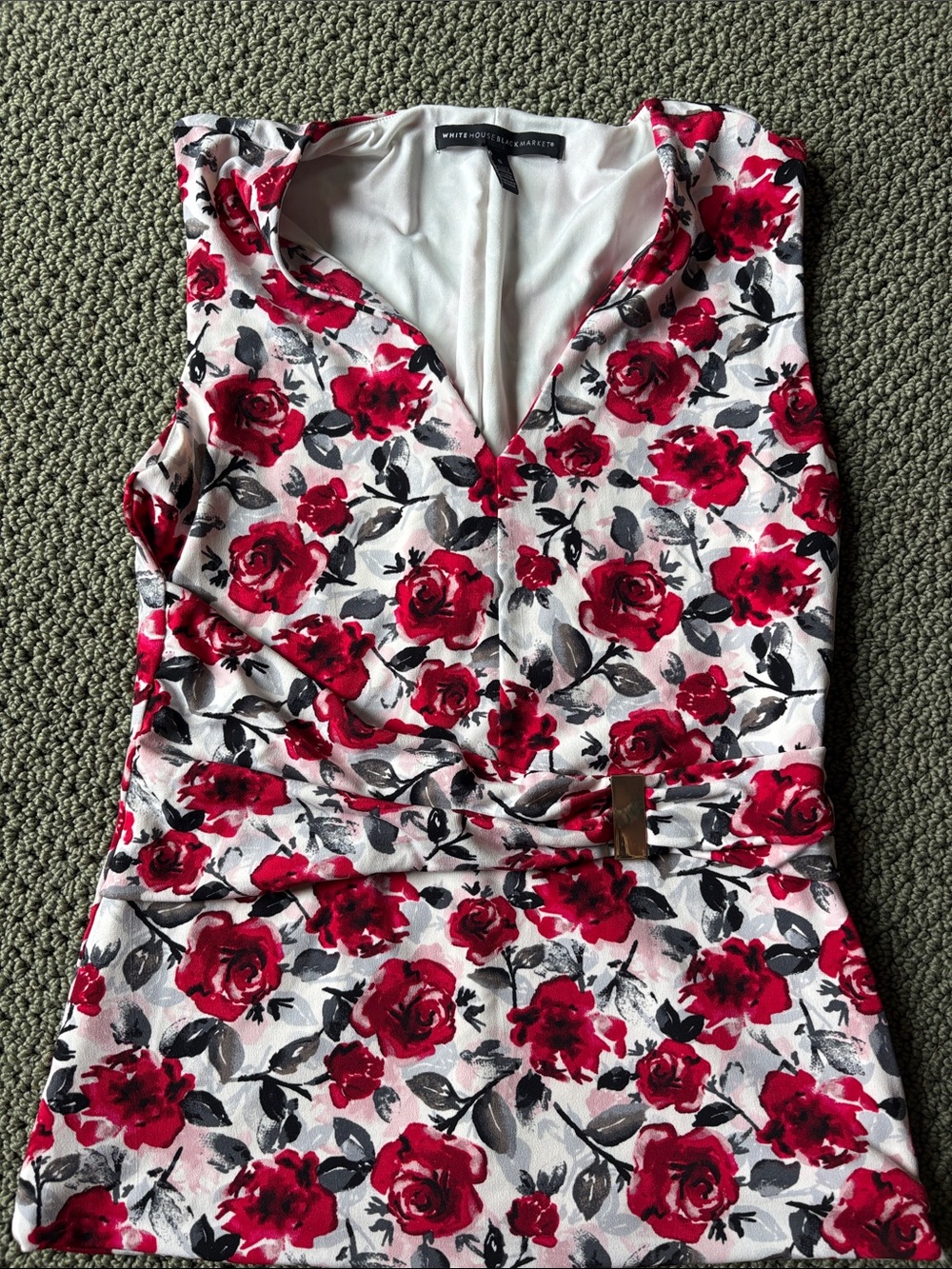 WHBM sleeveless top S rose pattern lined cinched waist side zip